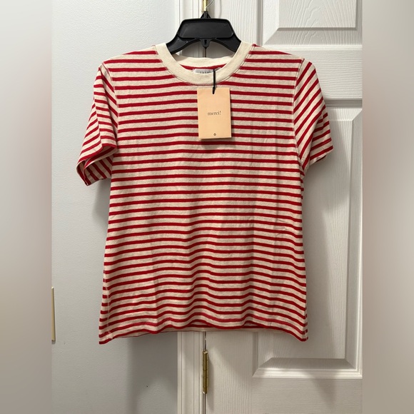 La Ligne Striped Molly Tee Short Sleeve Cotton Size Medium Red/Ivory Stripe - Picture 2 of 5